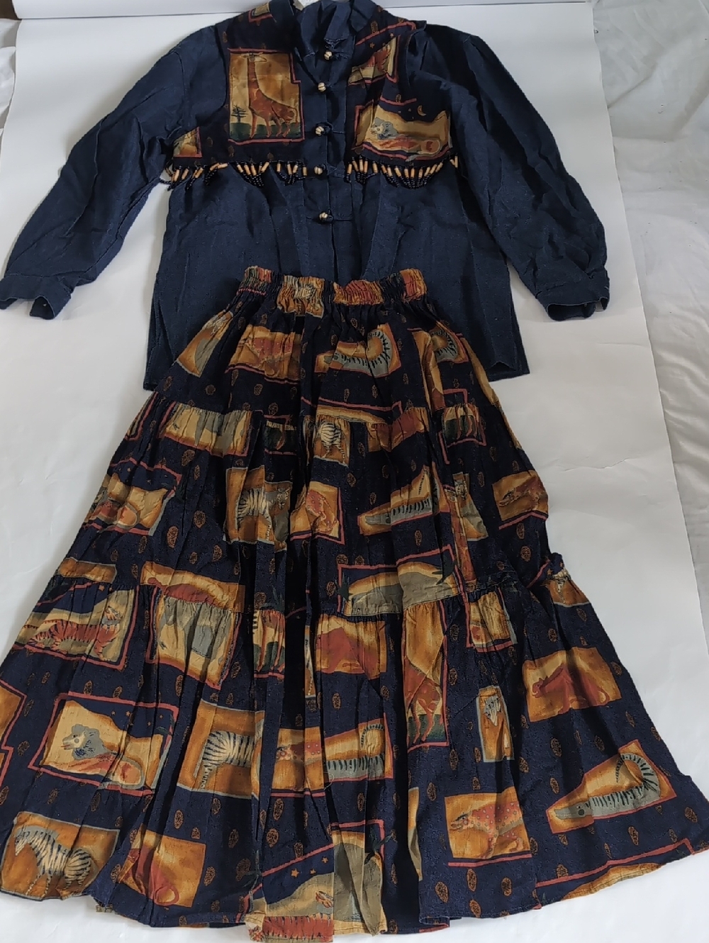 Vintage Tiered Maxi Skirt Set with Animals Boho Style Made In USA - 4